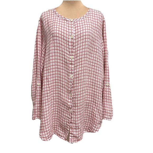 Flax Women's 100% Linen Button Front Plaid Tunic Top Lagenlook Size L White Red - Picture 1 of 14